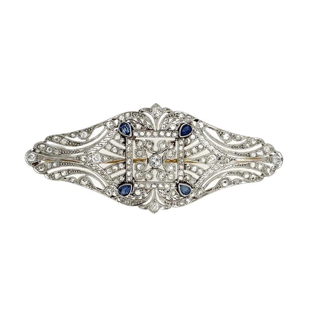 Vintage Art Deco Diamond and Sapphire Platinum Brooch Pin Estate Fine Jewelry For Sale 1