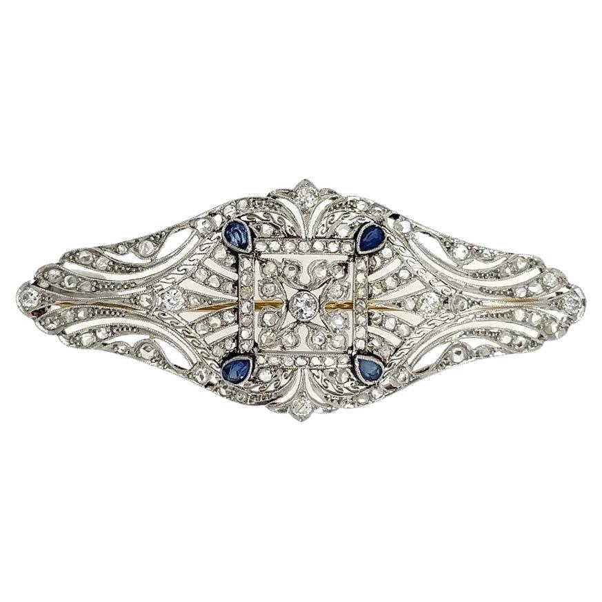Vintage Art Deco Diamond and Sapphire Platinum Brooch Pin Estate Fine Jewelry