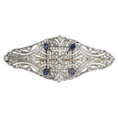 Retro Art Deco Diamond and Sapphire Platinum Brooch Pin Estate Fine Jewelry