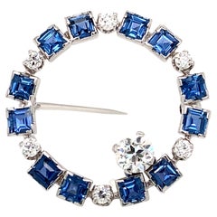 Vintage Art Deco Diamond Sapphire & Platinum Circle Pin/Brooch