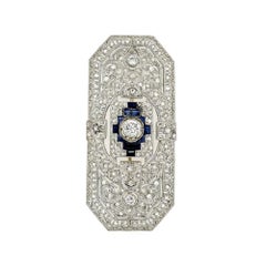 Vintage Art Deco Diamond and Sapphire Rectangular Platinum Brooch Pin