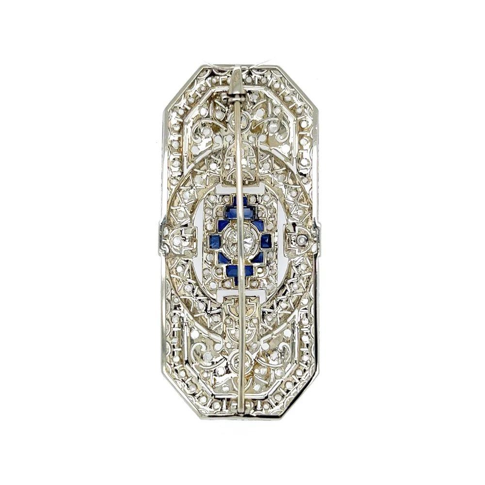 Mixed Cut Vintage Art Deco Diamond and Sapphire Rectangular Platinum Brooch Pin For Sale