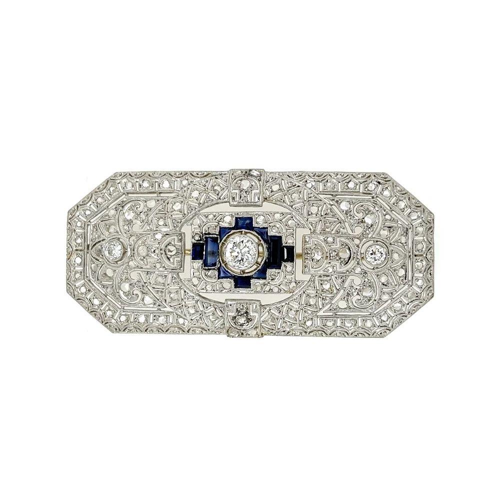 Vintage Art Deco Diamond and Sapphire Rectangular Platinum Brooch Pin In Excellent Condition For Sale In Montreal, QC