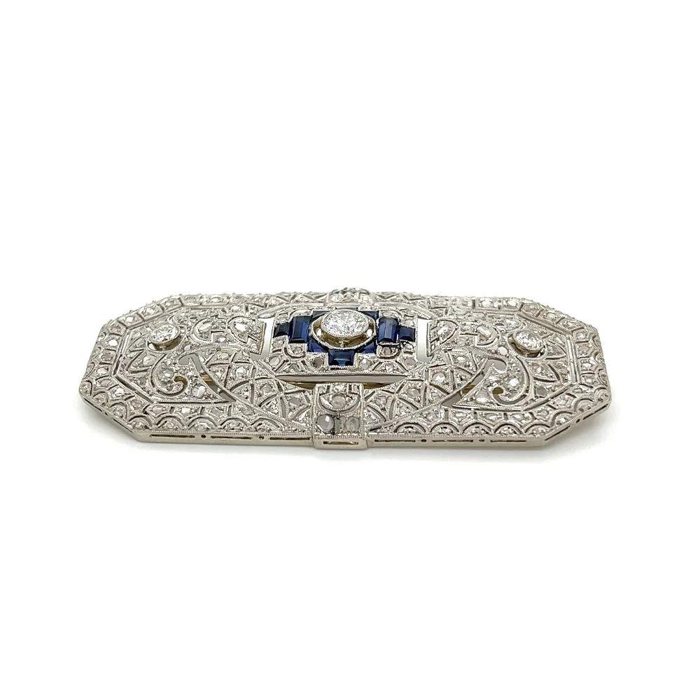 Women's Vintage Art Deco Diamond and Sapphire Rectangular Platinum Brooch Pin For Sale