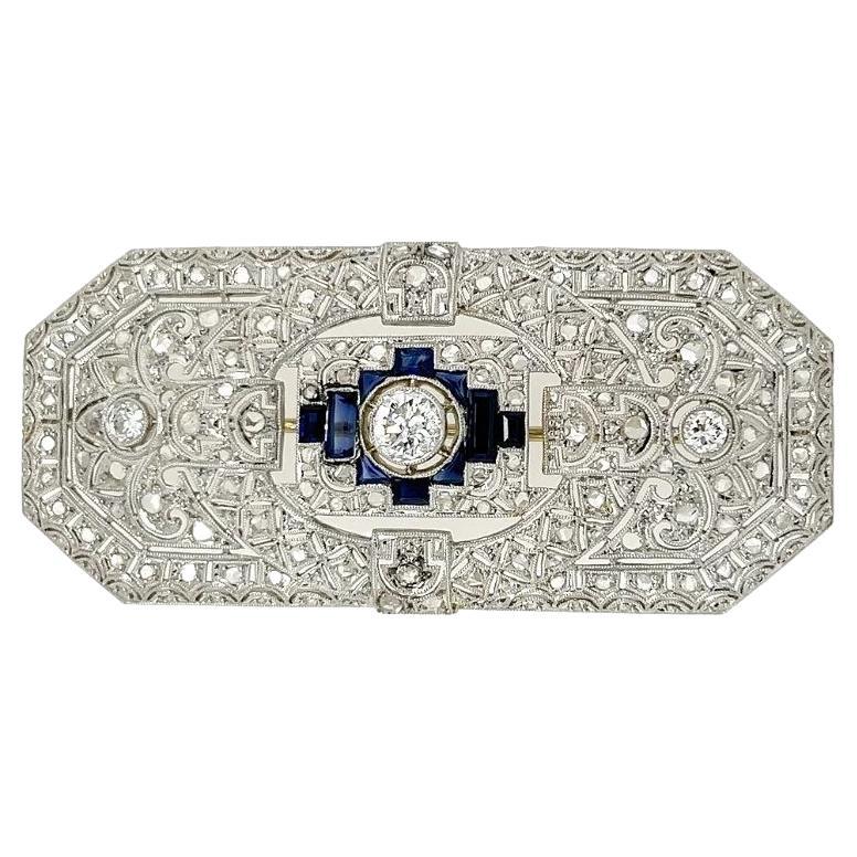 Vintage Art Deco Diamond and Sapphire Rectangular Platinum Brooch Pin For Sale