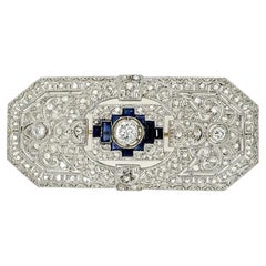 Vintage Art Deco Diamond and Sapphire Rectangular Platinum Brooch Pin