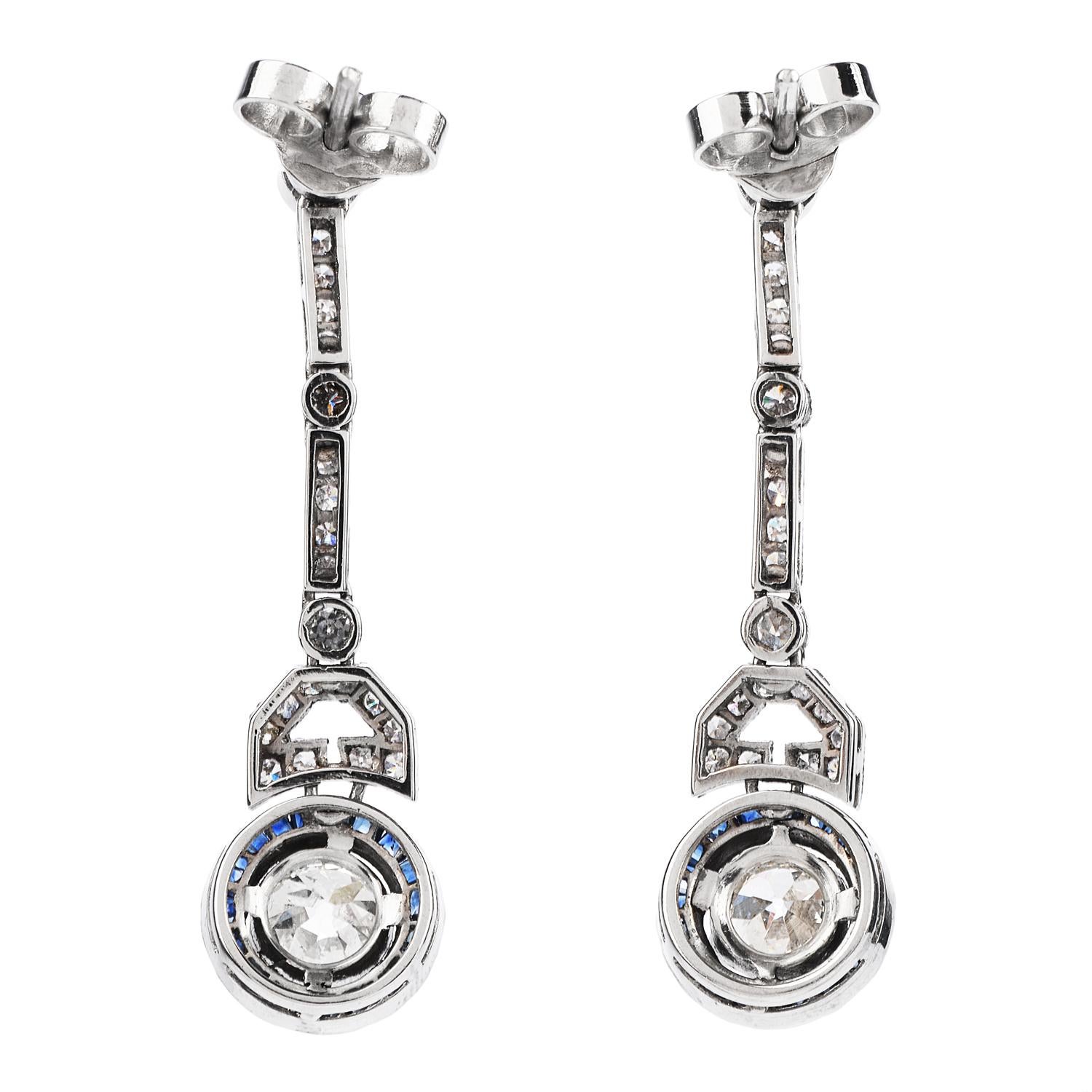 Round Cut Vintage Art Deco Style Diamond Blue Sapphire Platinum Dangle Earrings