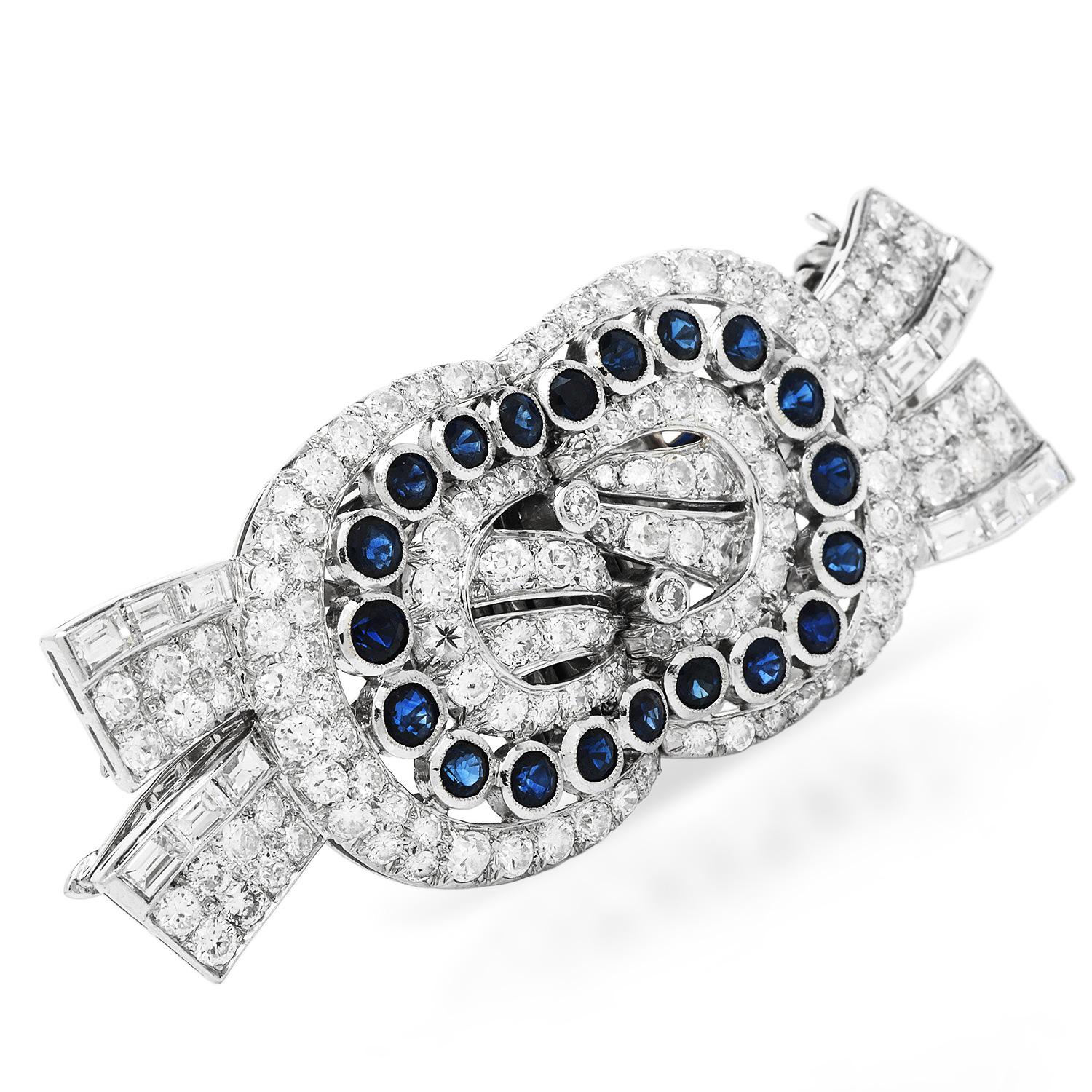 This fine Art deco Double Brooch set from the 1930s, was inspired by a Double Ribbon motif and crafted in luxurious Platinum.

Featuring all over the piece 134 old round cut diamonds & 12 Baguette-cut Diamonds, pave & channel set,  weighing approx