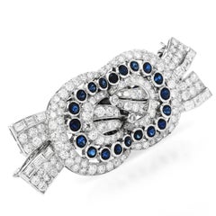 Vintage Art Deco Diamond Blue Sapphire Platinum Double Clip Ribbon Brooch Pin