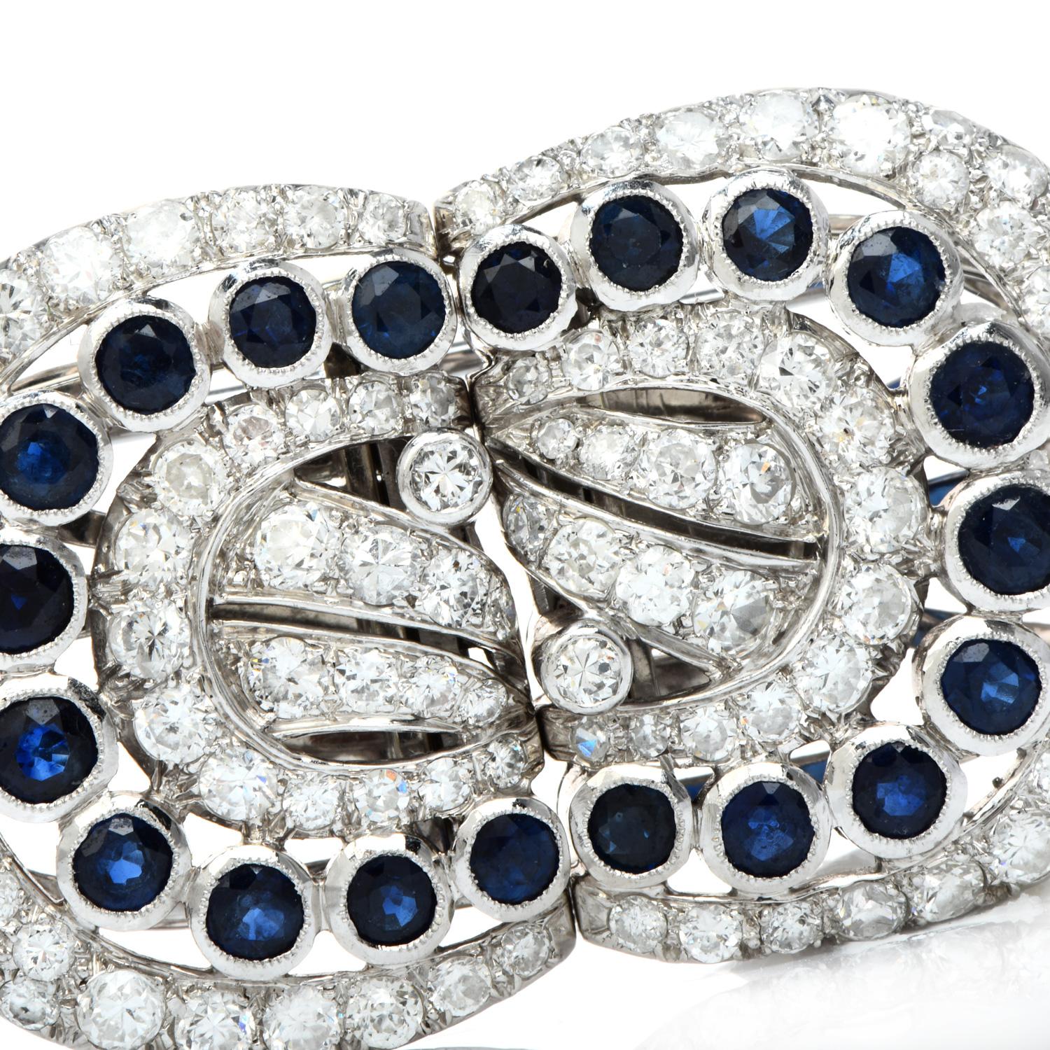 Round Cut Vintage Art Deco Diamond Blue Sapphire Platinum Double Clip Ribbon Brooch Pin