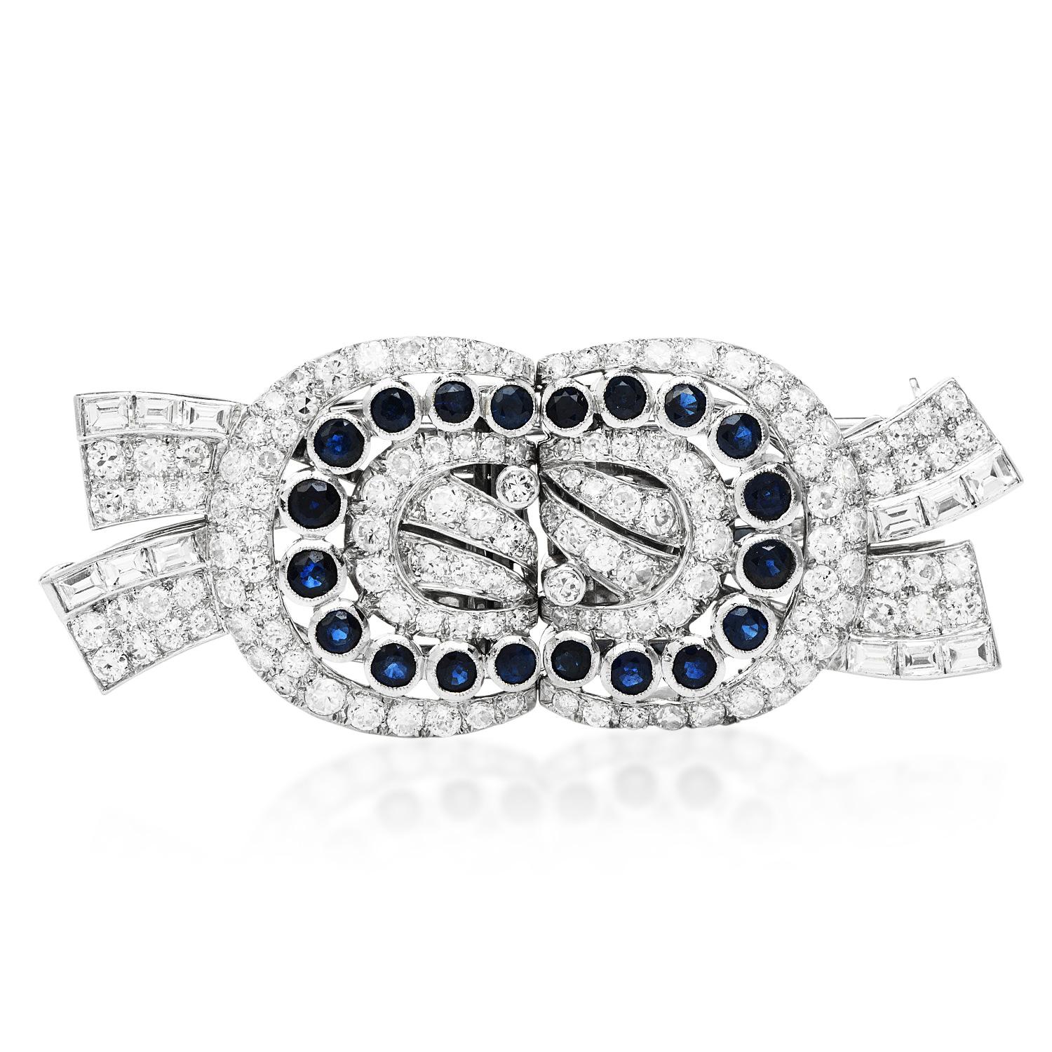 Vintage Art Deco Diamond Blue Sapphire Platinum Double Clip Ribbon Brooch Pin