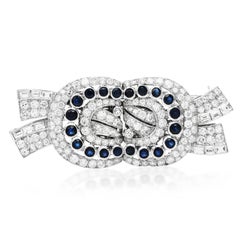 Vintage Art Deco Diamante Blu Zaffiro Platino Doppia Clip Nastro Spilla