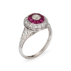 Vintage Art Deco Diamond Calibre Ruby Ring Sz 8.5 Platinum Engagement Jewelry