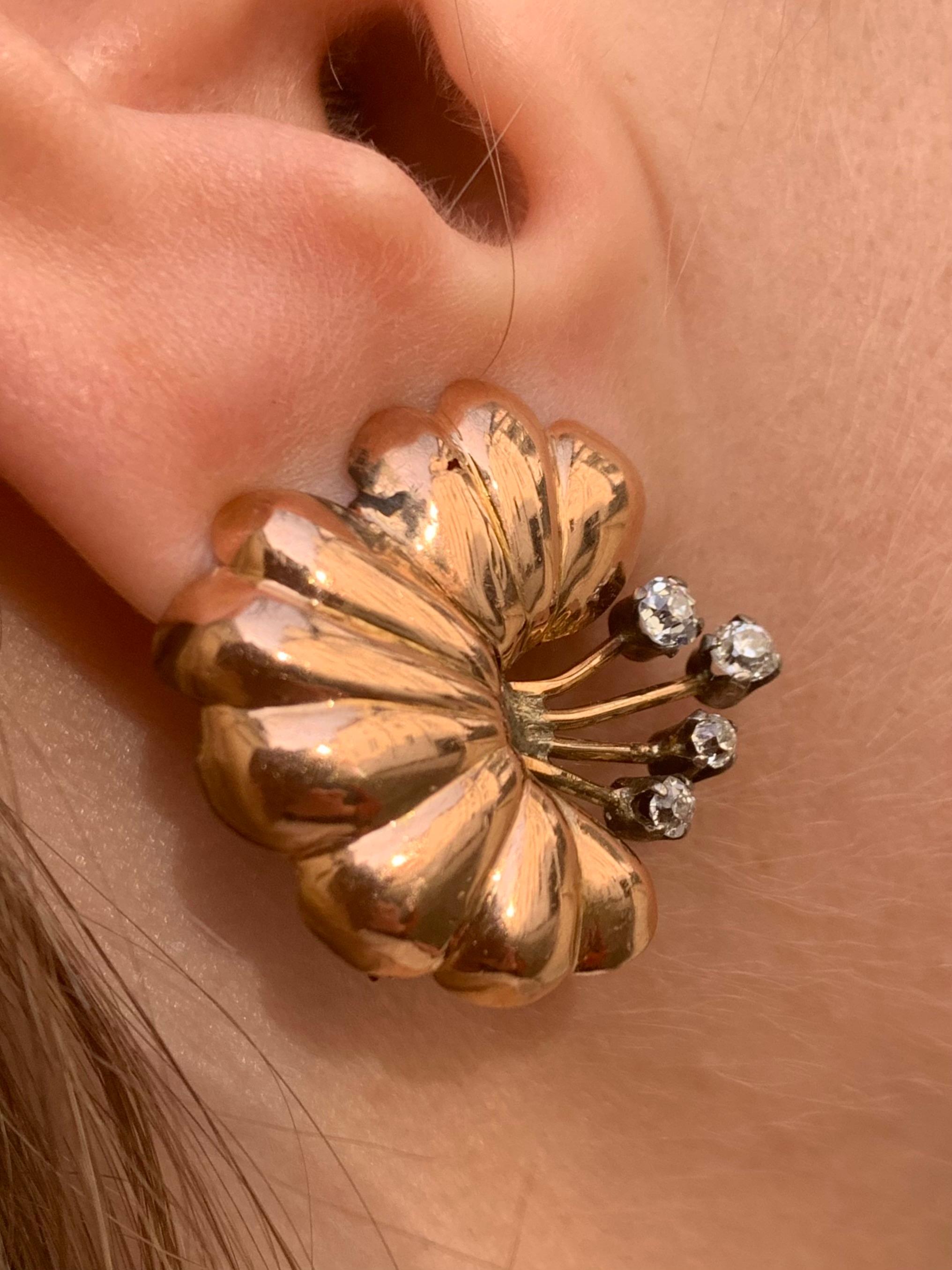 Women's Vintage Art Deco Diamond Clip On Earrings Flowers Lilies Rose Gold 14 Karat  For Sale