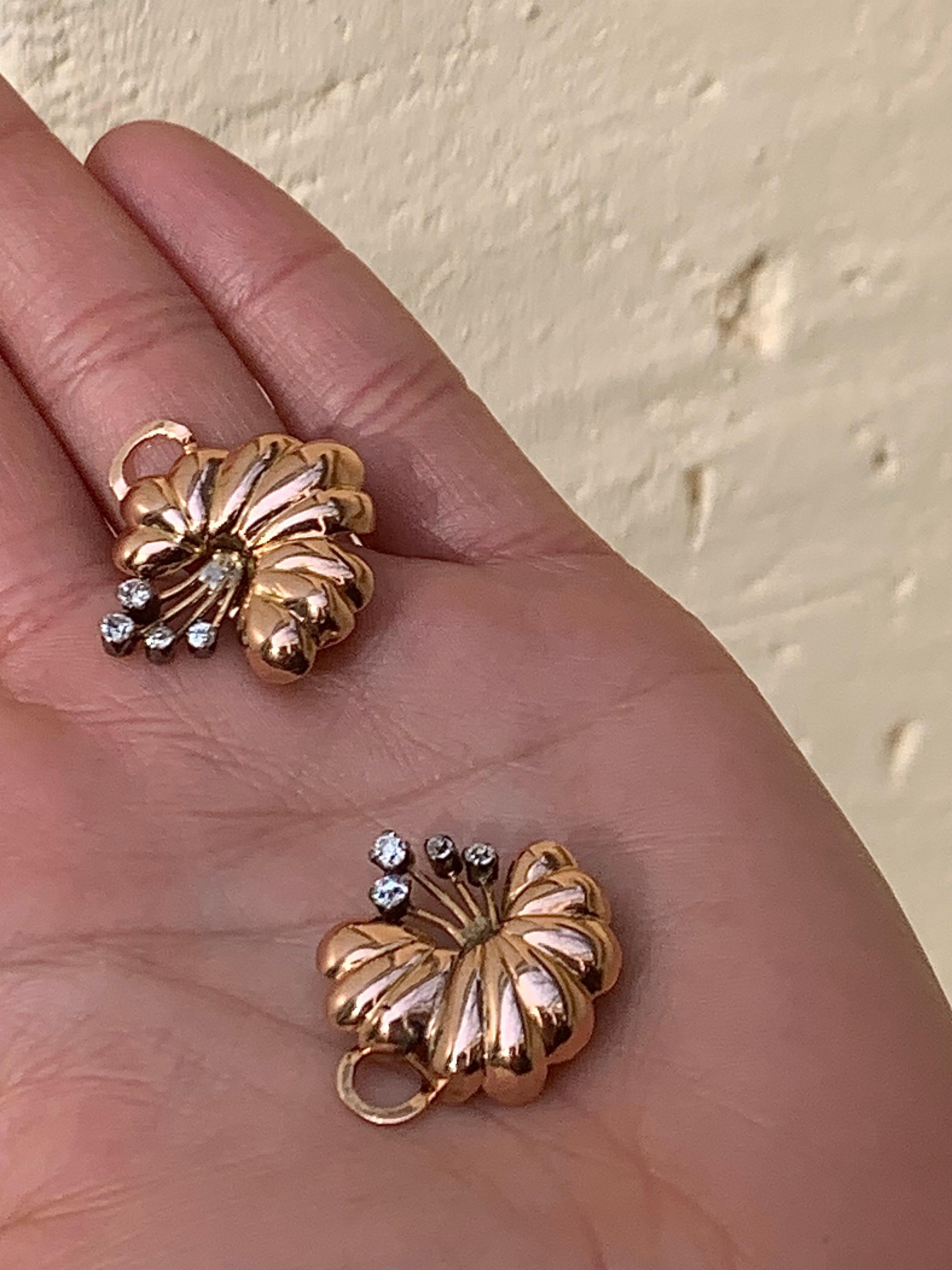 Vintage Art Deco Diamond Clip On Earrings Flowers Lilies Rose Gold 14 Karat  For Sale 1