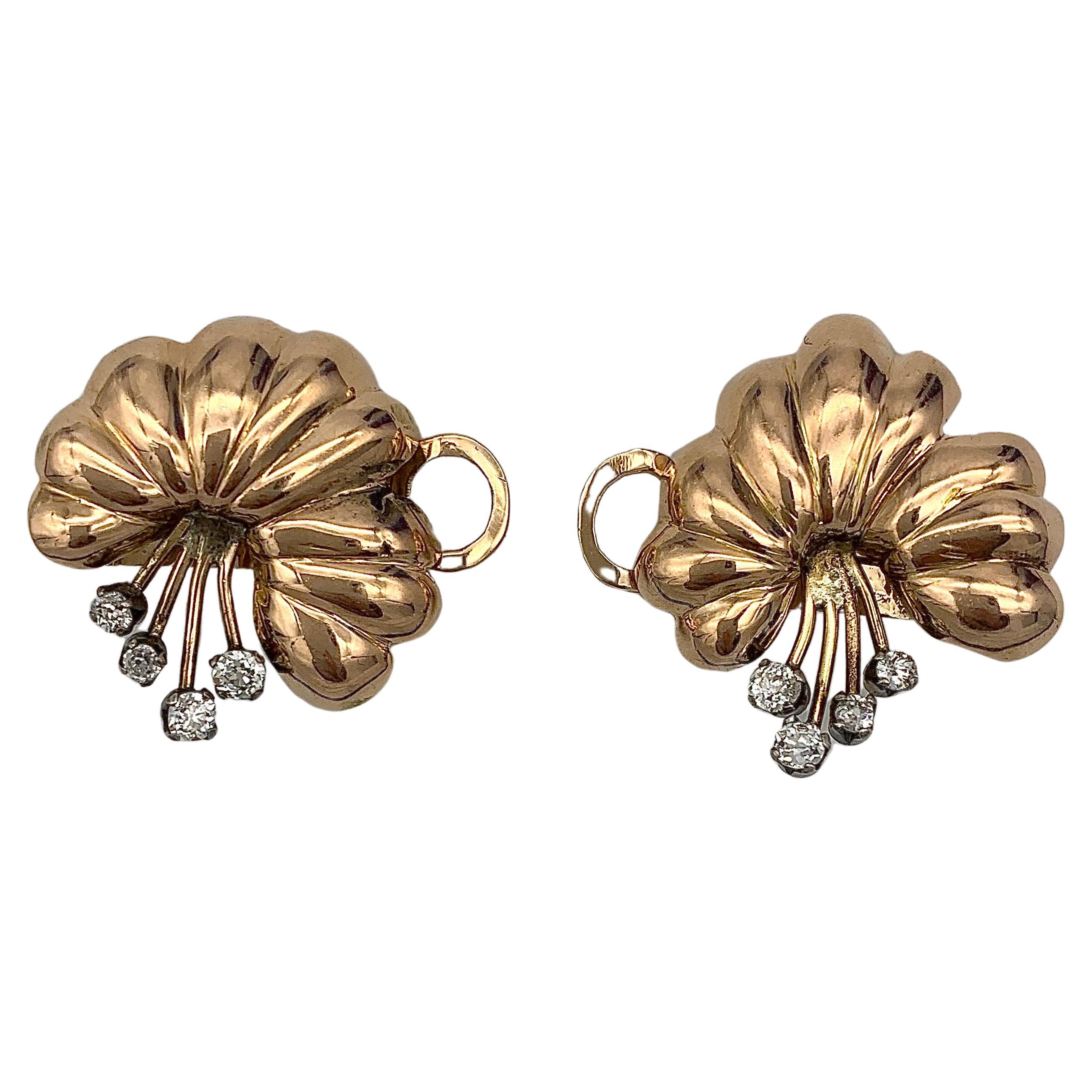 Vintage Art Deco Diamond Clip On Earrings Flowers Lilies Rose Gold 14 Karat 