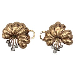 Vintage Art Deco Diamond Clip - On Earrings Flowers Lilies Rose Gold 14 karat 