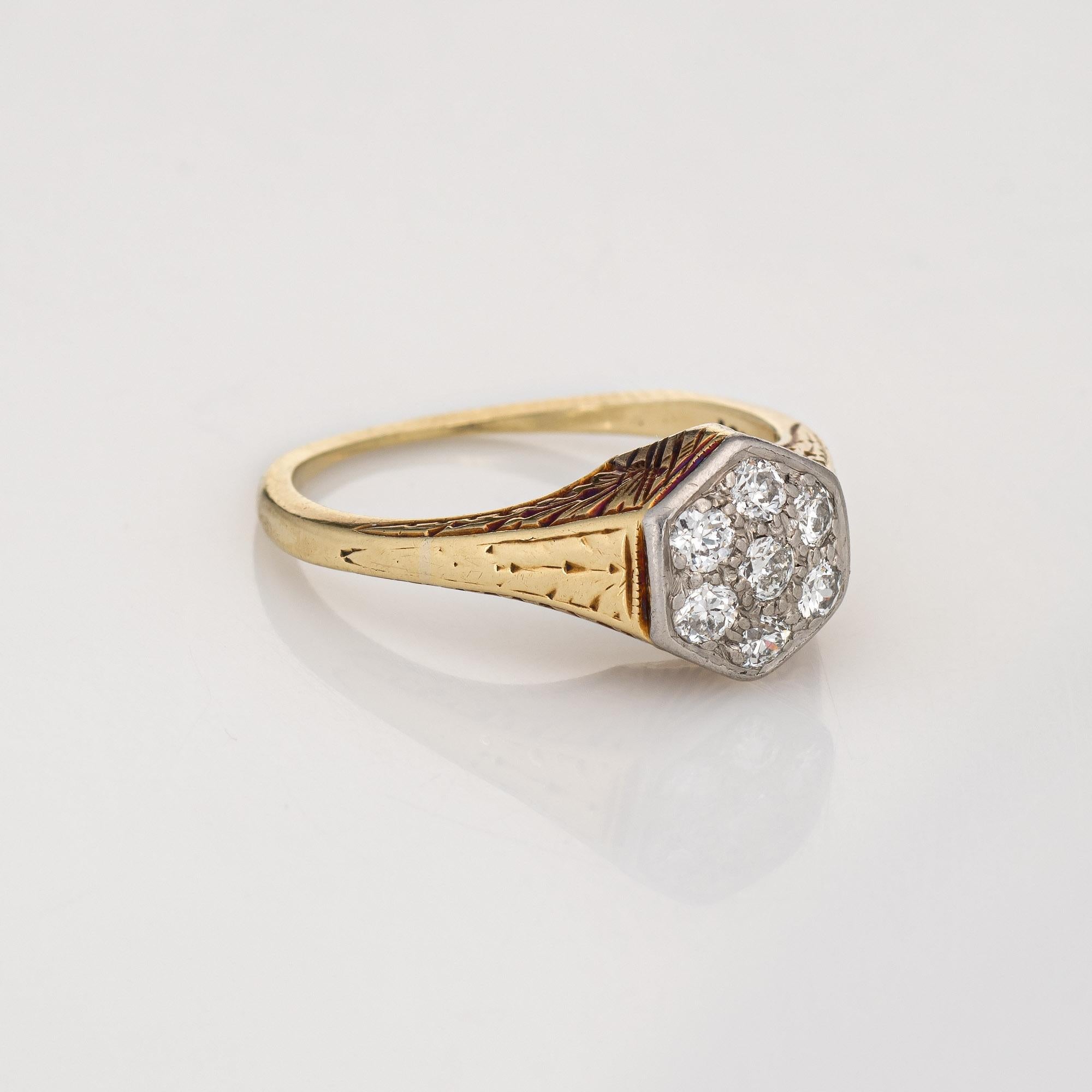 Old European Cut Vintage Art Deco Diamond Cluster Ring 14k Yellow Gold Hexagon Estate Jewelry