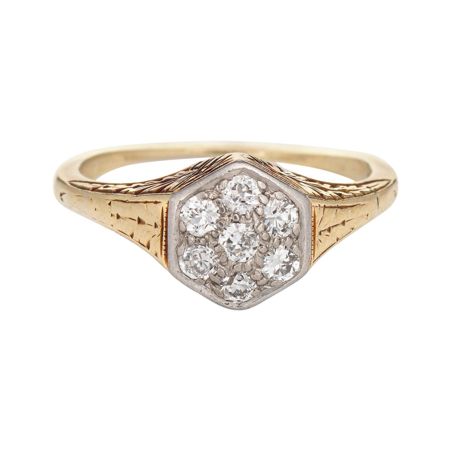 Vintage Art Deco Diamond Cluster Ring 14k Yellow Gold Hexagon Estate Jewelry