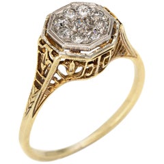 Vintage Art Deco Diamond Cluster Ring Antique 14 Karat Gold Platinum Octagonal