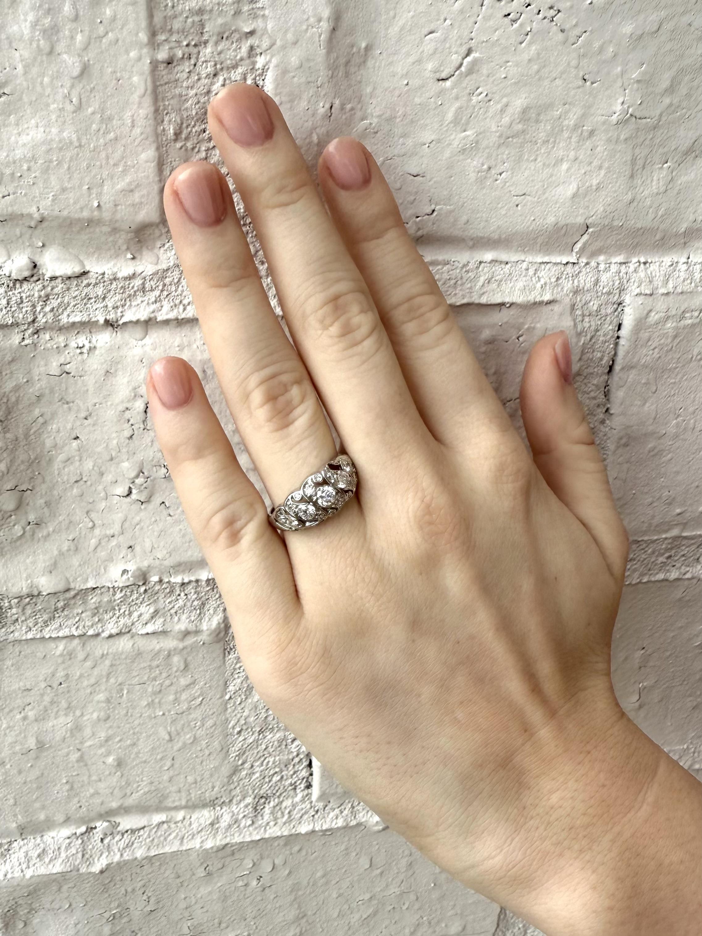 Old European Cut Vintage Art Deco Diamond Cocktail Ring 14K White Gold For Sale