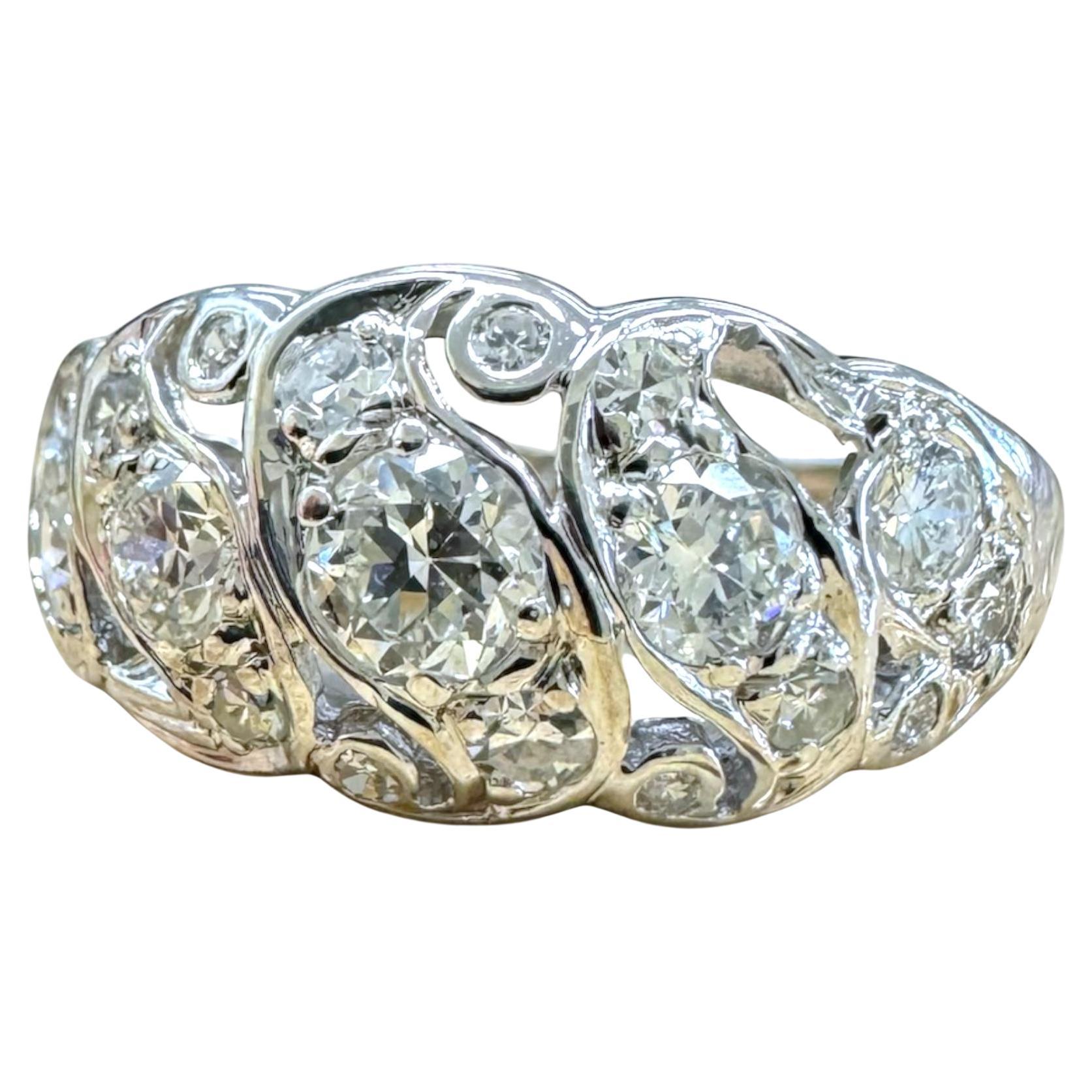 Anillo de cóctel de diamantes Art Decó vintage de oro blanco de 14 quilates