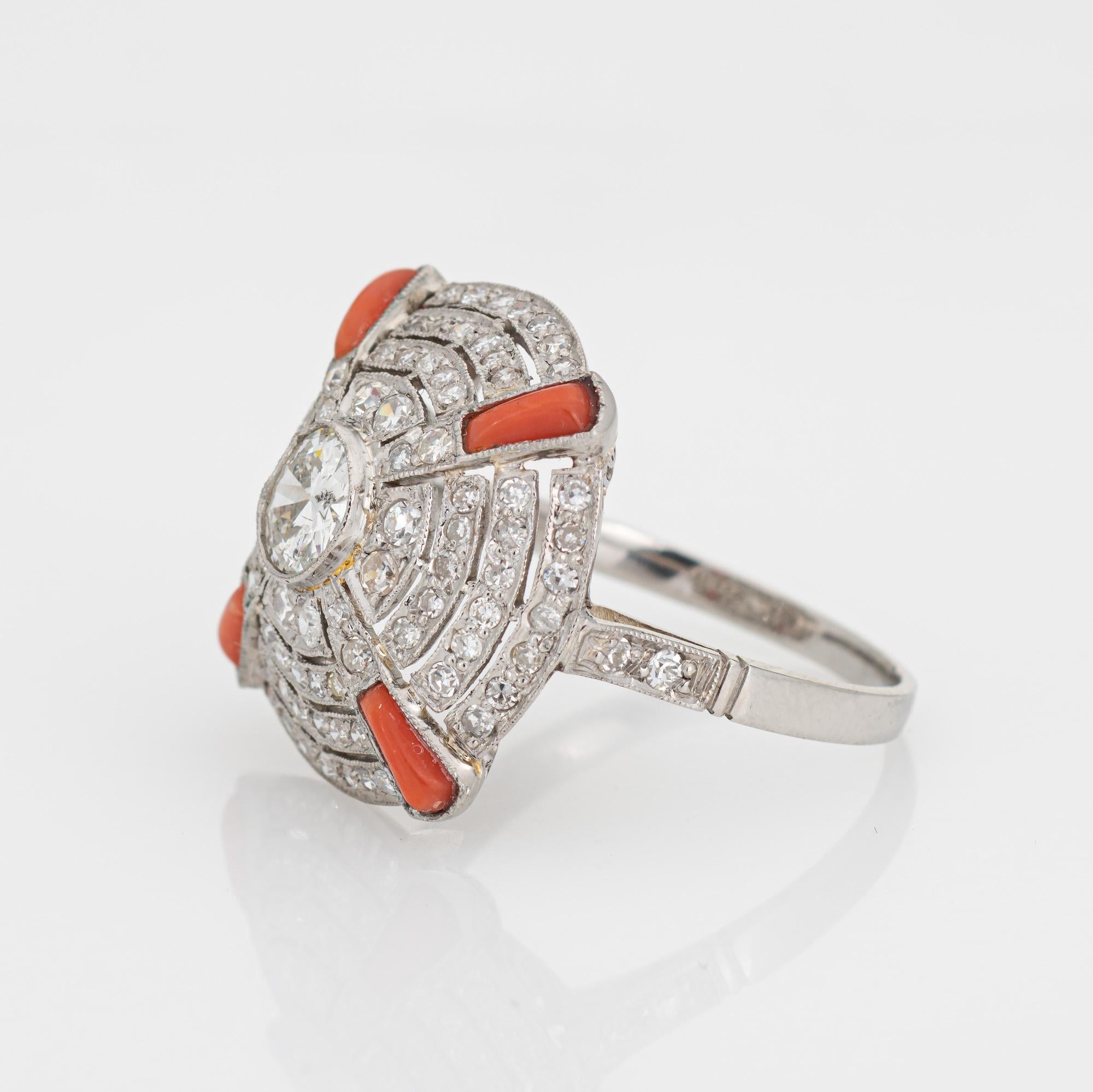 Vintage Art Deco Diamant-Korallenring Gr. 8,5 Runder Cocktail-/Essteller-Schmuck, Vintage (Art déco)