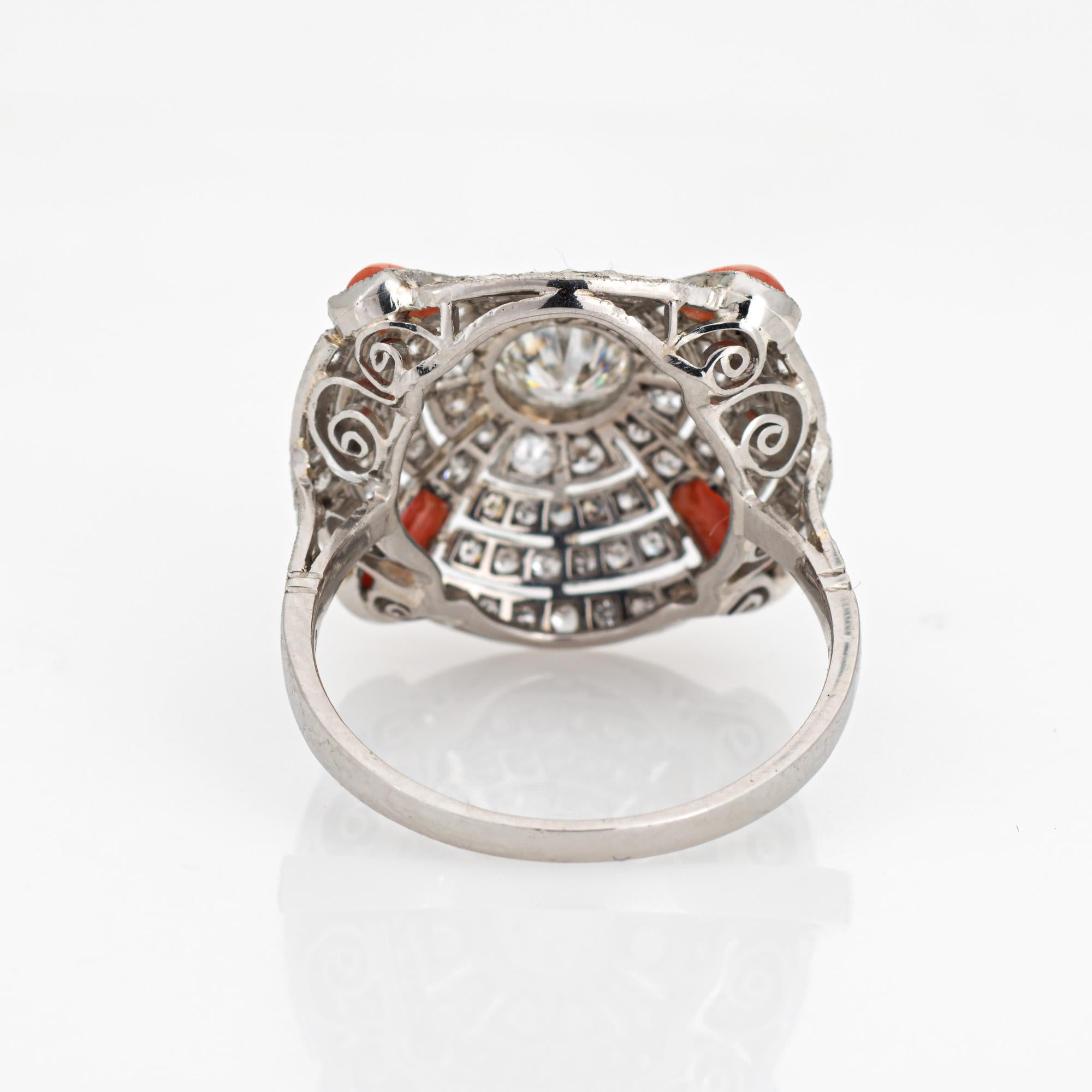 Vintage Art Deco Diamant-Korallenring Gr. 8,5 Runder Cocktail-/Essteller-Schmuck, Vintage (Alteuropäischer Schliff)