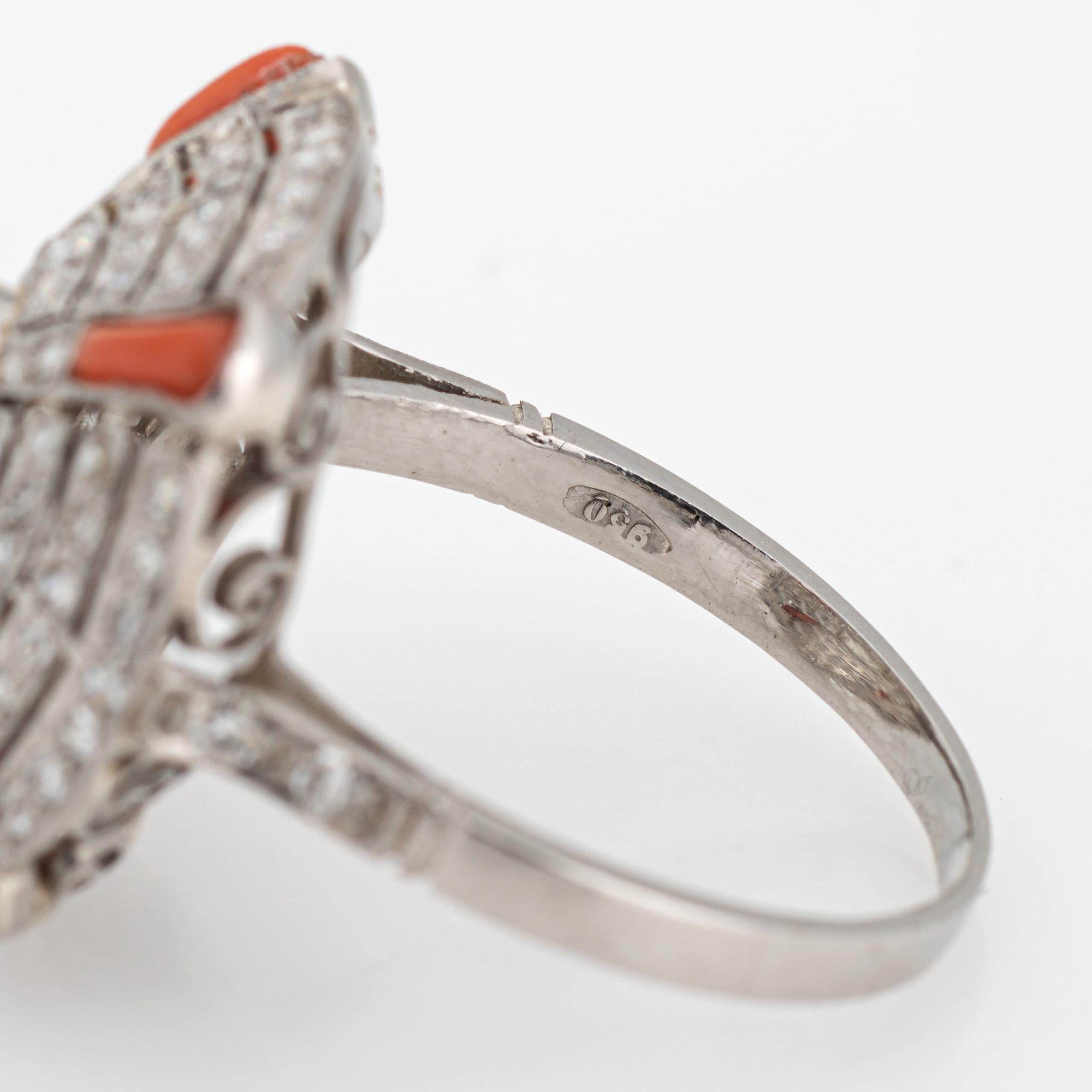 Vintage Art Deco Diamant-Korallenring Gr. 8,5 Runder Cocktail-/Essteller-Schmuck, Vintage Damen