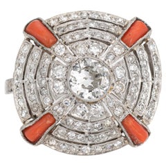 Vintage Art Deco Diamant-Korallenring Gr. 8,5 Runder Cocktail-/Essteller-Schmuck, Vintage