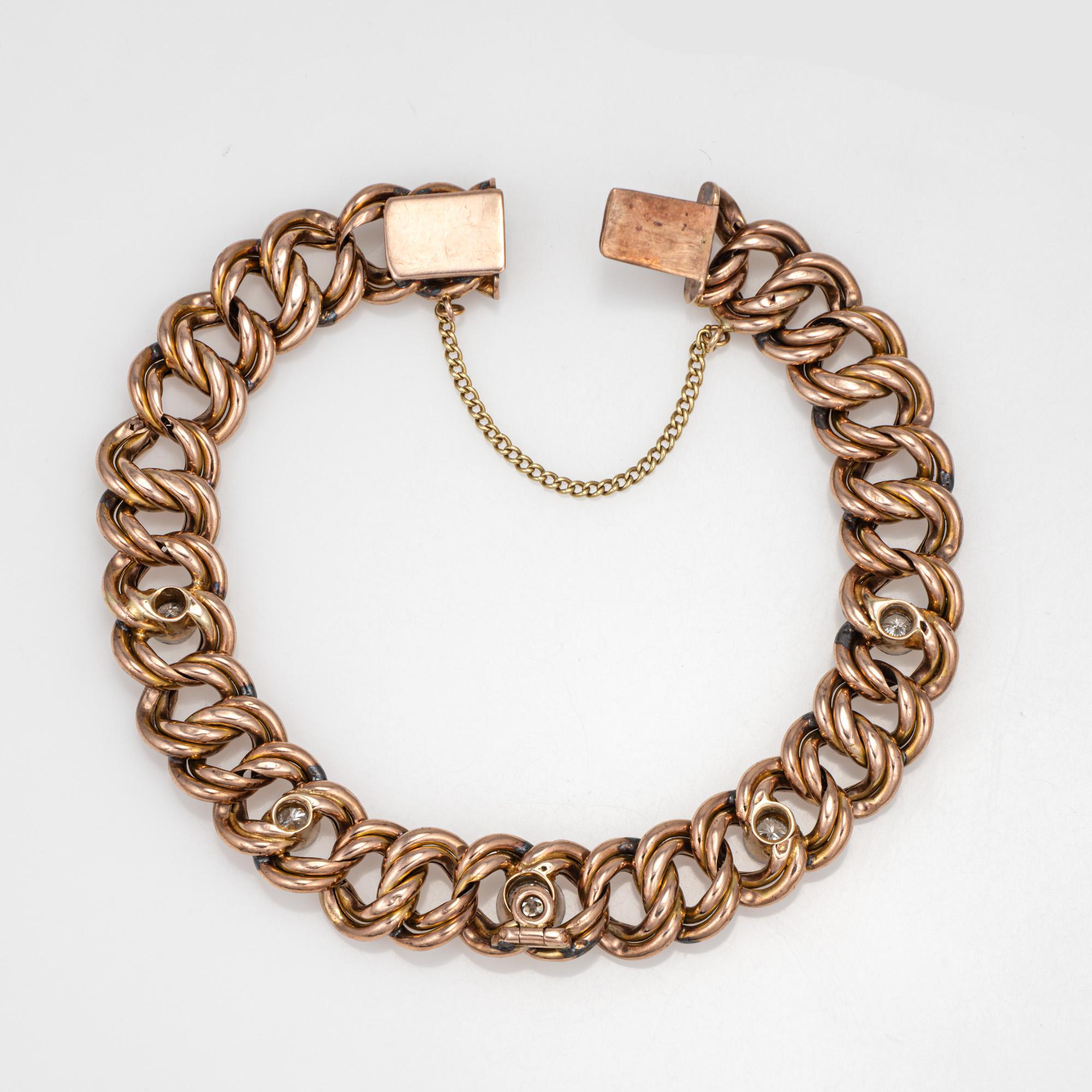 Finely detailed vintage Art Deco diamond curb link bracelet crafted in 9 karat rose gold (circa 1920s to 1930s).

5 diamonds total an estimated 1 carat (estimated at I-J color and SI2-I2 clarity). 

The stylish bracelet is an Art Deco era classic.