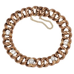 Antique Art Deco Diamond Curb Link Bracelet 9k Rose Gold Estate Fine Jewelry