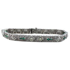 Vintage Art Deco Diamond & Emerald Filigree Bracelet 14K White Gold