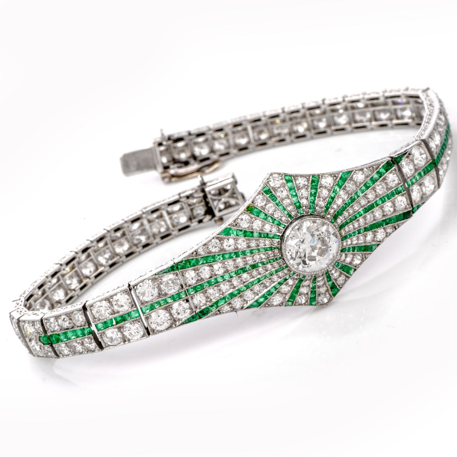 French Cut Vintage Art Deco Diamond Emerald Platinum Starburst Bracelet