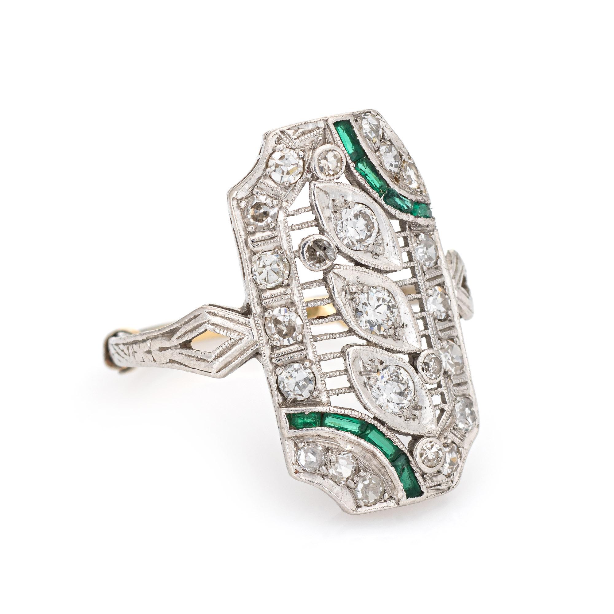 Mixed Cut Vintage Art Deco Diamond Emerald Ring Platinum Filigree Dinner Jewelry