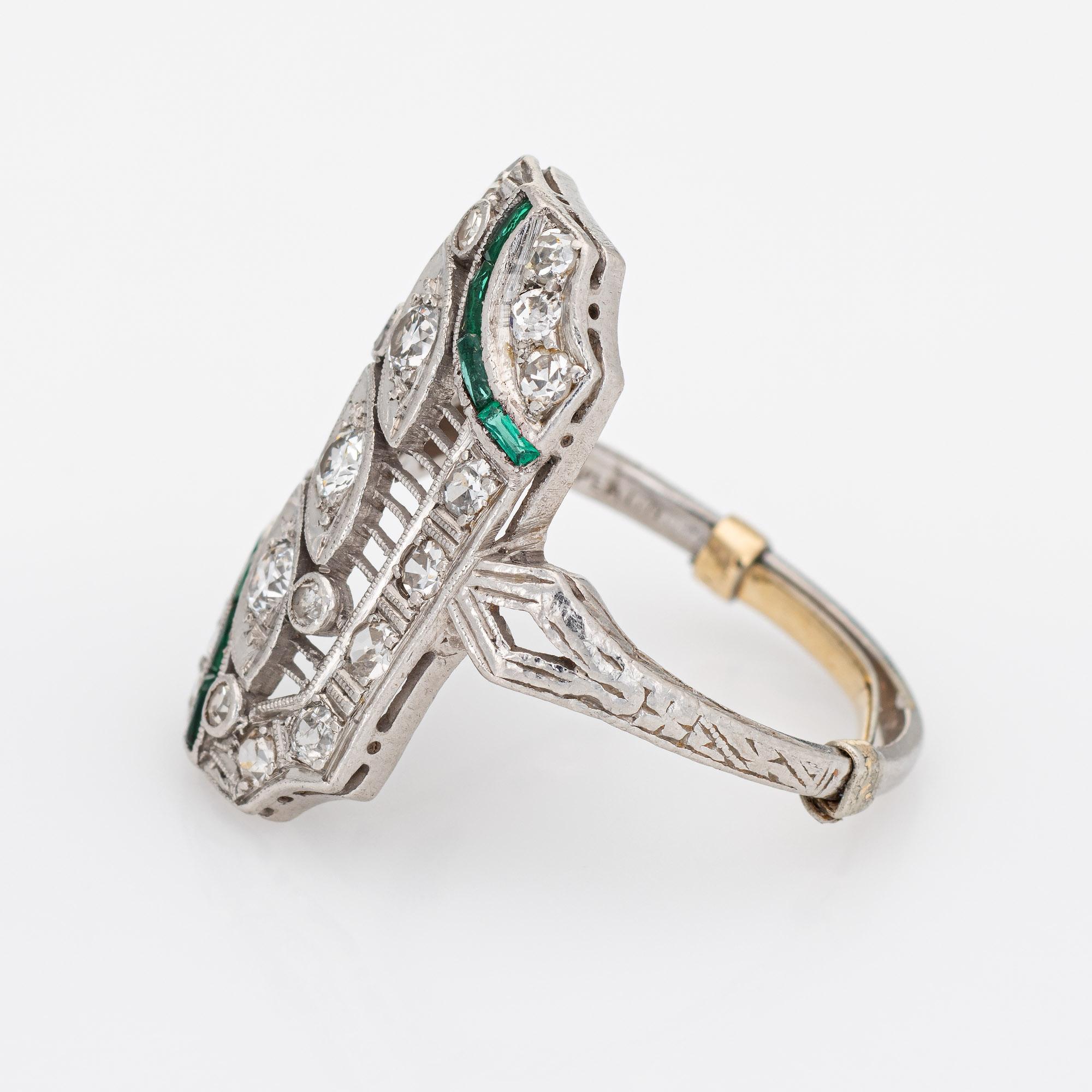 Vintage Art Deco Diamond Emerald Ring Platinum Filigree Dinner Jewelry In Good Condition In Torrance, CA