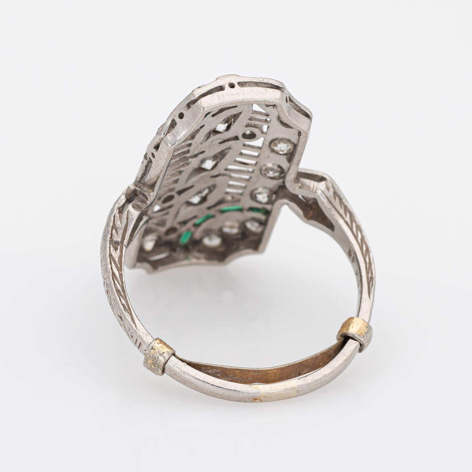 Women's Vintage Art Deco Diamond Emerald Ring Platinum Filigree Dinner Jewelry