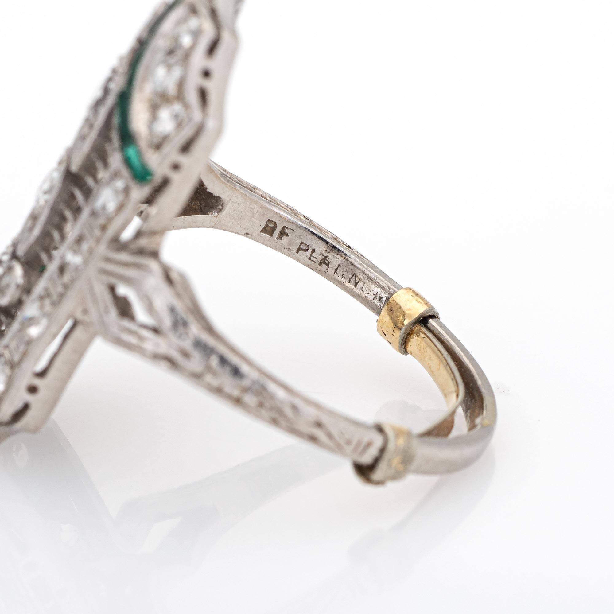 Vintage Art Deco Diamond Emerald Ring Platinum Filigree Dinner Jewelry 2