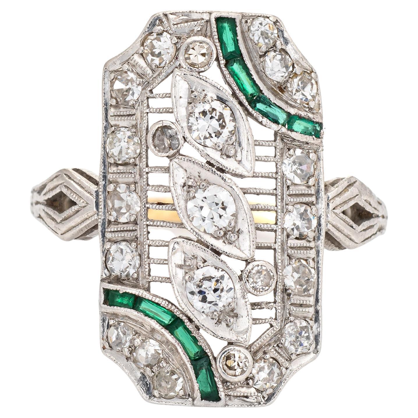 Vintage Art Deco Diamond Emerald Ring Platinum Filigree Dinner Jewelry