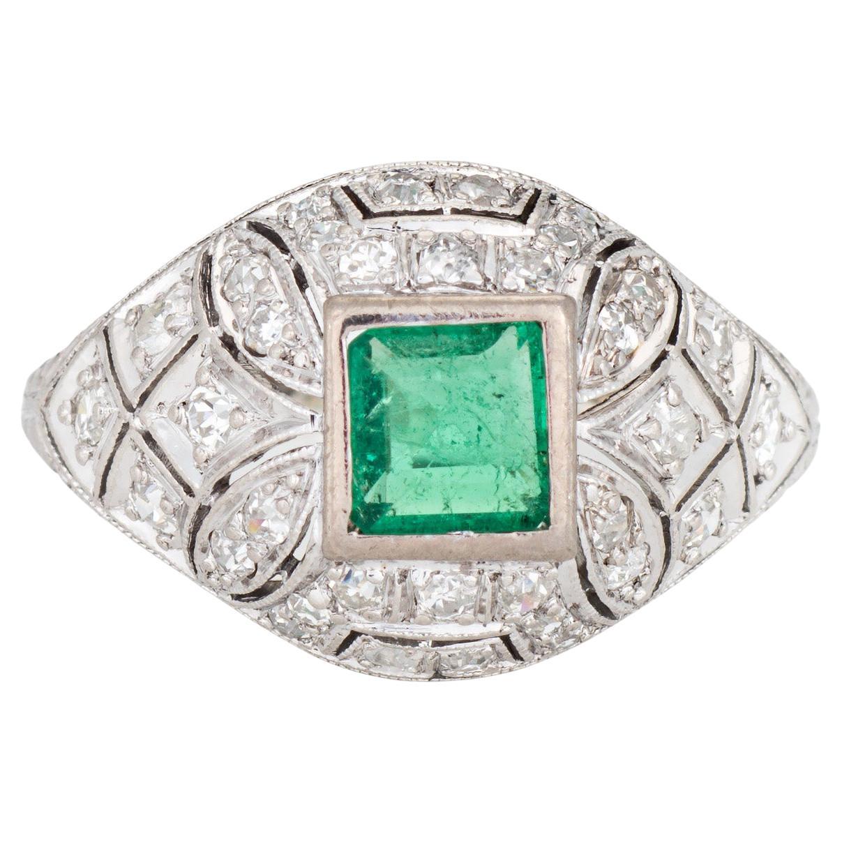 Vintage Art Deco Diamond Emerald Ring Sz 5 Platinum Fine Jewelry 1920s