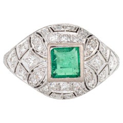 Vintage Art Deco Diamond Emerald Ring Sz 5 Platinum Fine Jewelry 1920s