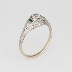 Vintage Art Deco Diamond Emerald Ring Sz 7.75 14k Gold Engagement Bridal Jewelry
