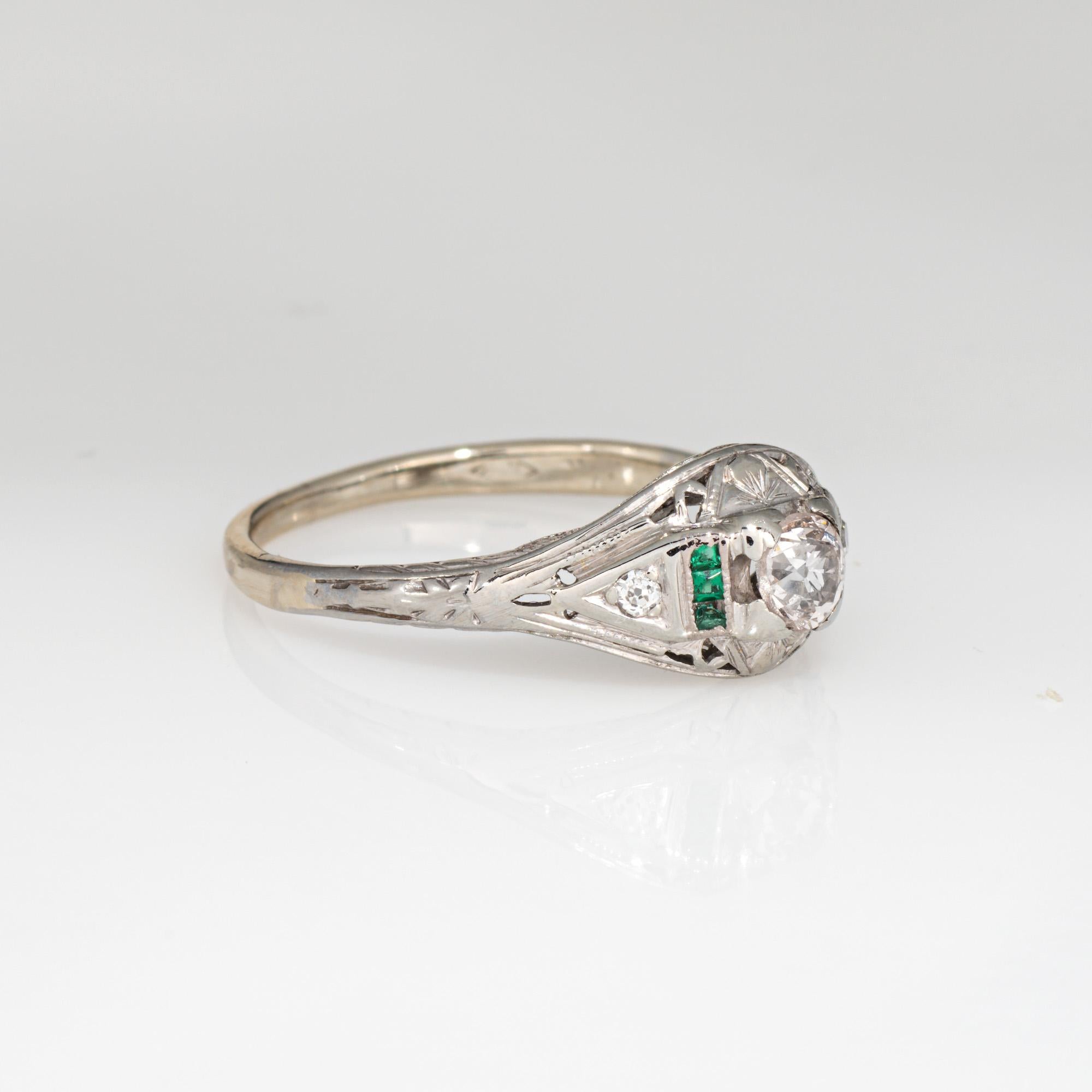 Old European Cut Vintage Art Deco Diamond Emerald Ring Sz 7.75 14k Gold Engagement Bridal Jewelry For Sale