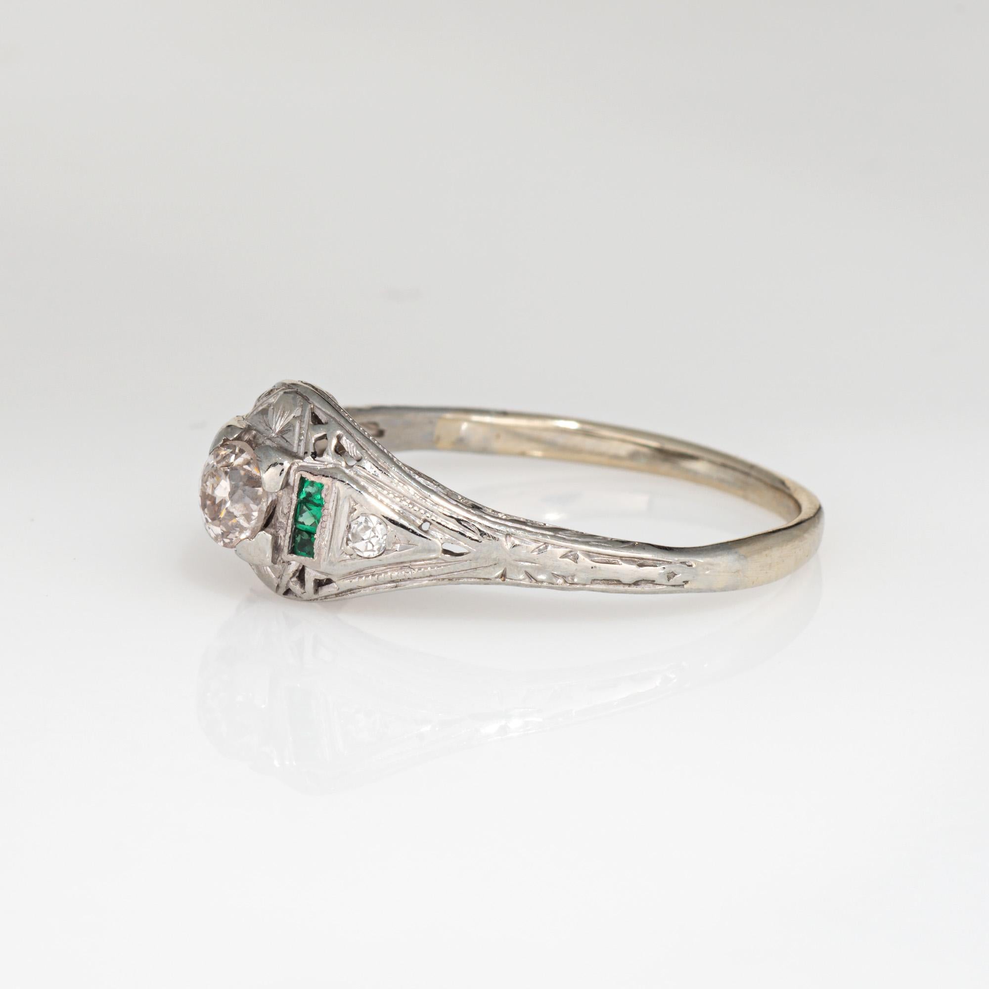 Vintage Art Deco Diamond Emerald Ring Sz 7.75 14k Gold Engagement Bridal Jewelry In Good Condition For Sale In Torrance, CA