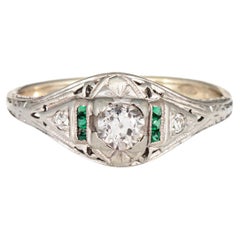 Antique Art Deco Diamond Emerald Ring Sz 7.75 14k Gold Engagement Bridal Jewelry
