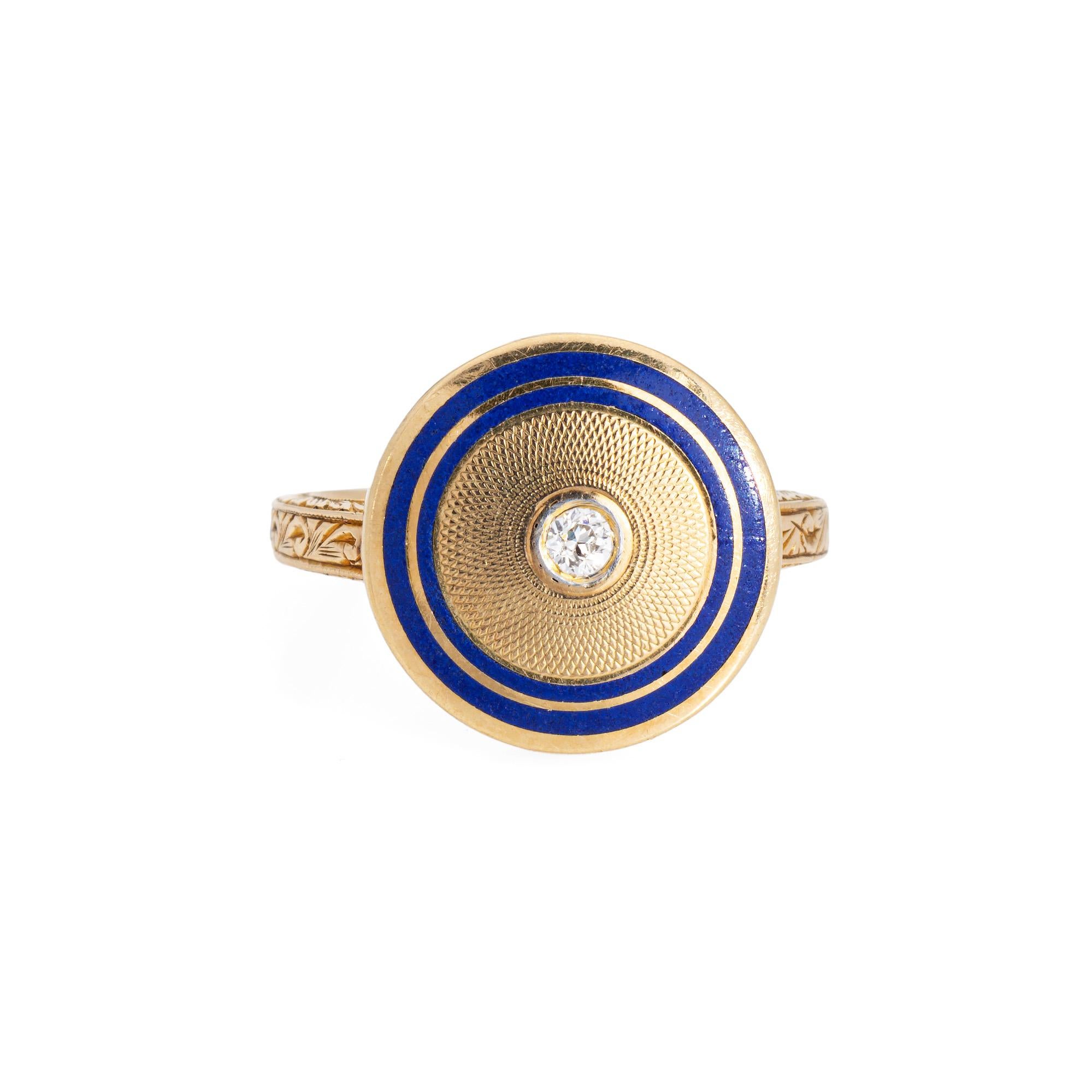 Old European Cut Vintage Art Deco Diamond Enamel Ring Circle 14k Yellow Gold Sz 5.5 Fine Jewelry For Sale