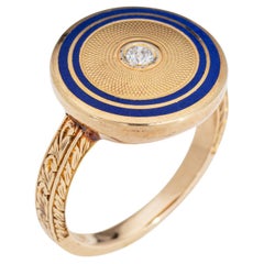 Antique Art Deco Diamond Enamel Ring Circle 14k Yellow Gold Sz 5.5 Fine Jewelry