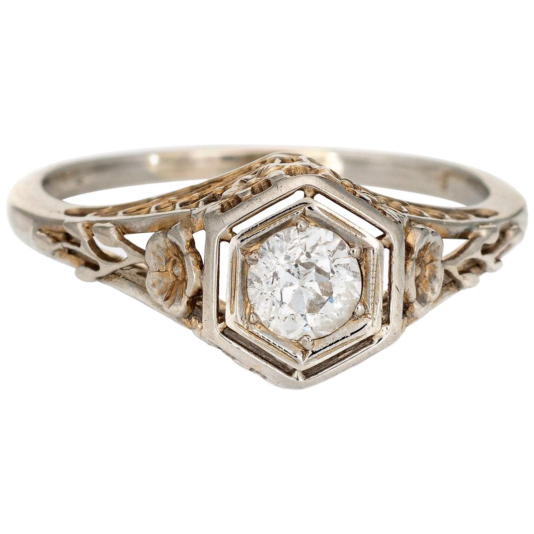 Vintage Art Deco Diamantring 18 Karat Weißgold Old Mine Cut Schmuck
