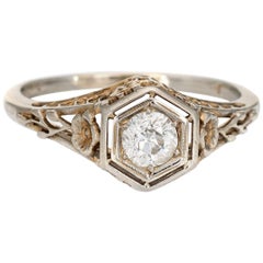 Vintage Art Deco Diamond Ring 18 Karat White Gold Old Mine Cut Jewelry
