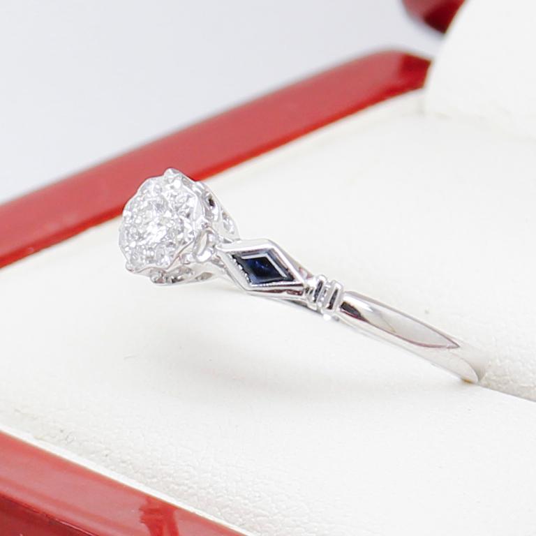 Vintage Art Deco Diamond Engagement Ring, Sapphire Shoulders 5